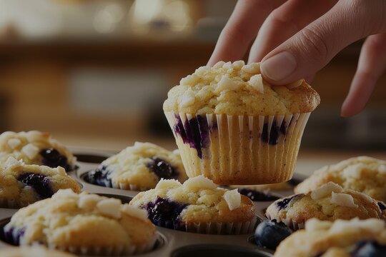 A close-up view of a hand selecting a blueberry muffin from a freshly baked batch, speckled with almond flakes and bursting with juicy berries, ready for breakfast.