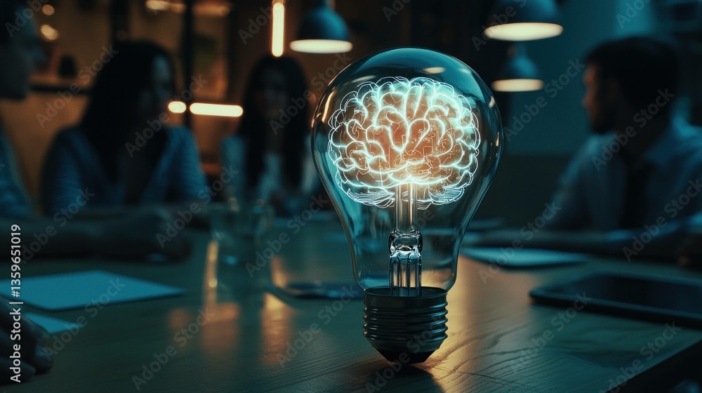 Poster conceptual image of a glowing brain inside a light bulb, symbolizing creativity, innovation, and bra
