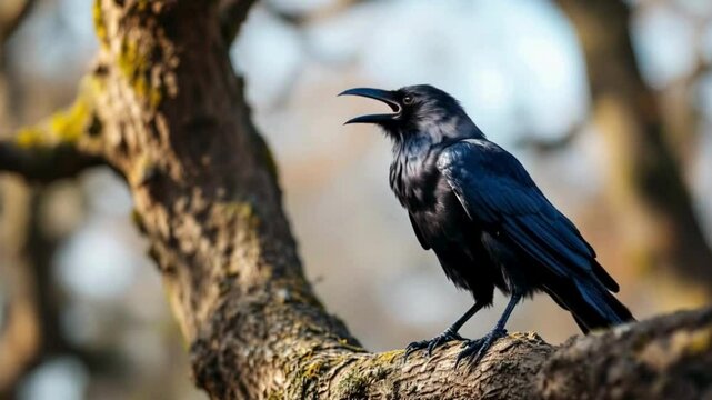 A real crow perched on a tree branch, its glossy black feathers gleaming in the sunlight as it caws loudly, adding a mysterious and powerful atmosphere to the scene