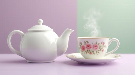Elegant white teapot and floral teacup with steam against pastel backdrop in cozy setting
