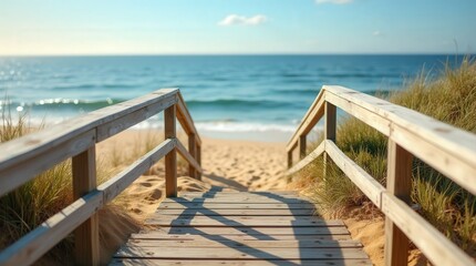 Scenic Wooden Staircase Leading to a Sandy Beach with Ocean Waves
