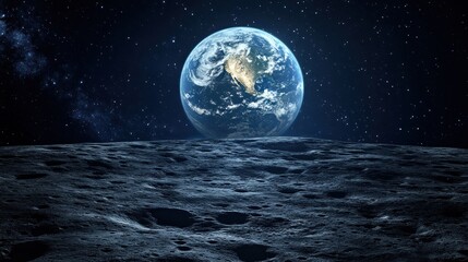 Spectacular view of earth rising above the moon surface panorama