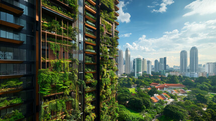 A vertical garden facade in Kuala Lumpur, Malaysia, adorned with lush greenery, demonstrating eco-friendly urban architecture and sustainable city design