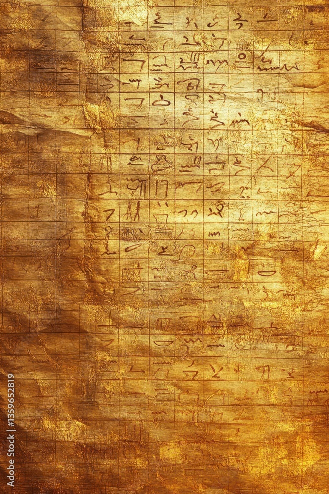 Poster ancient writings on parchment: an ancient scroll displaying hieroglyphic inscriptions and aged textu