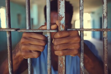 A poignant image of an African man's hands gripping rusty prison bars, symbolizing his fight for freedom and justice within a corrupt system and unequal opportunities.
