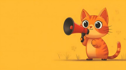 Vibrant Cartoon Cat with Megaphone Promotional Poster for World Cat Day and Pet Greeting Cards Emphasizing Social Media Marketing