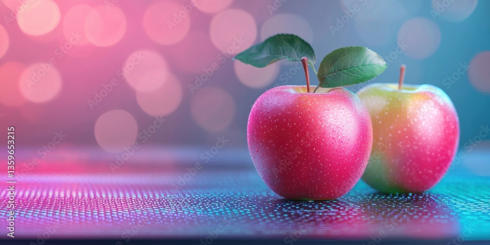 Aufkleber two apples on a reflective surface with bokeh background