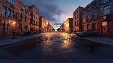 Fototapeta premium Atmospheric urban street captured in a full 360-degree HDRI panorama, featuring weathered brick facades, subtle reflections from warm street lighting, and a moody evening glow 