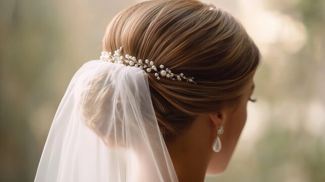 Elegant bridal hairstyle featuring a lovely updo with a delicate hairpiece and a flowing veil, captured in a soft natural light setting
