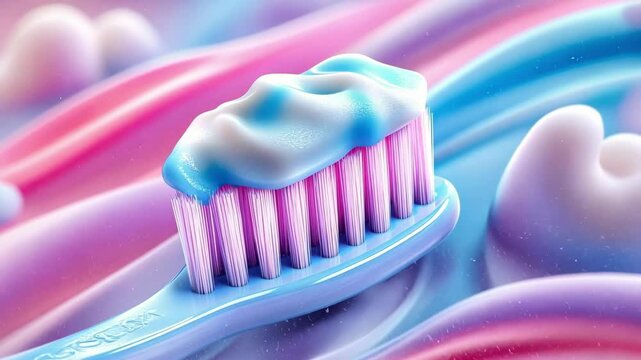 Pastel-colored toothbrush with whipped toothpaste on soft background