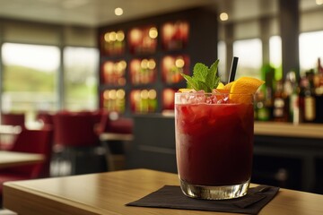 A vibrant red cocktail with orange slice and mint garnish, displayed on a restaurant table with a blurred background, creating a lively and inviting ambiance for socializing.
