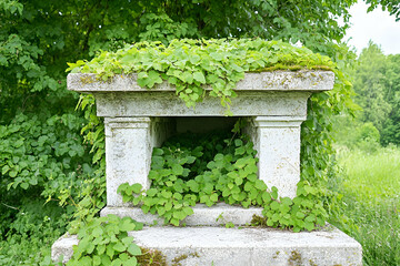 Overgrown stone structure in a park