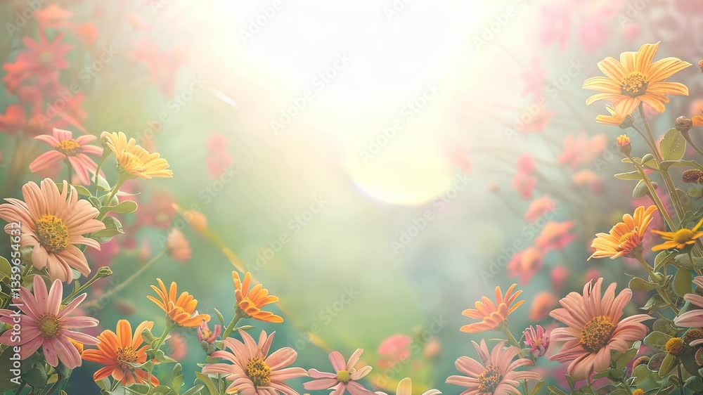 Poster empty frame on a background of brightly colored daisies. space for text