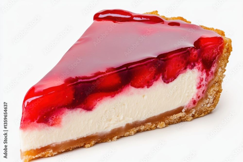 Poster delicious slice of cherry cheesecake with a glossy red topping on a graham cracker crust served on a