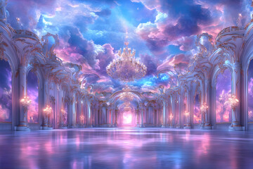 Palace interior, sunset clouds, fantasy scene, event backdrop