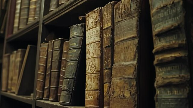 Ancient leather-bound books on wooden shelves in dimly lit library International Public Domain Day