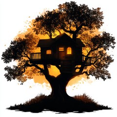 Enchanted treehouse silhouette against a golden sunset backdrop evoking a whimsical outdoor environment with a cozy illuminated interior and lush foliage providing a serene and magical atmosphere