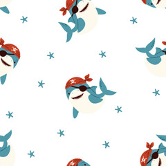 Seamless vector pattern in a simple childish style. Cute shark in pirate bandana, starfish, white background . Vector illustration