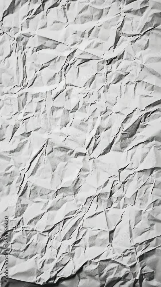 Poster crumpled white paper texture showing unique patterns and shadows in natural light for creative desig