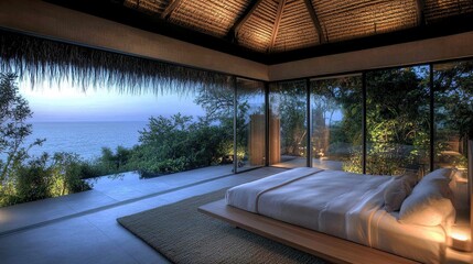 Fototapeta premium Beachfront bedroom with a thatched roof, a minimalist wooden bed facing floor-to-ceiling glass doors, lush greenery blending into the ocean beyond, soft ambient lighting 