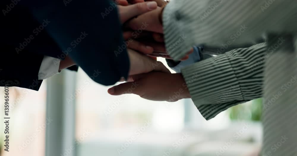 Aufkleber hands, stack and group in office with motivation, applause or support for team building for synergy.