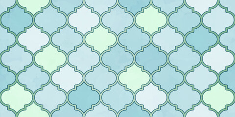 Moroccan Seamless Pattern. Arabic Mosaic Watercolor Ornament. Eid Mubarak Muslim Background. Ramadan Kareem Islamic Illustration. Turkish Mosque Window Shape.