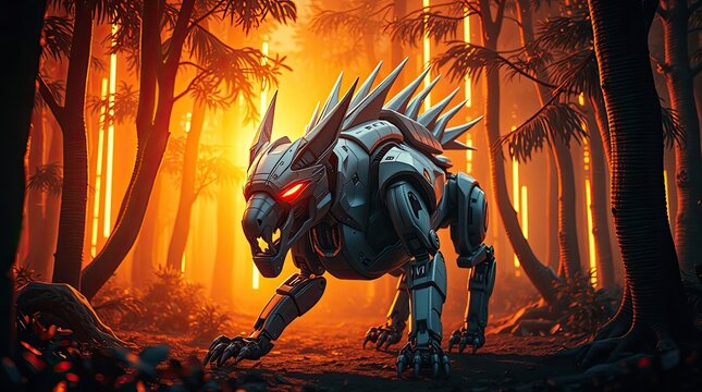 Robotic creature prowls a surreal neon lit forest landscape