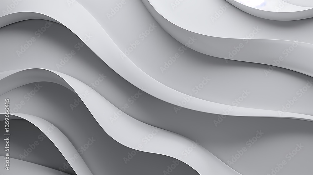 Poster a minimalist 3d abstract art piece featuring layered monochrome waves, soft diffused lighting castin