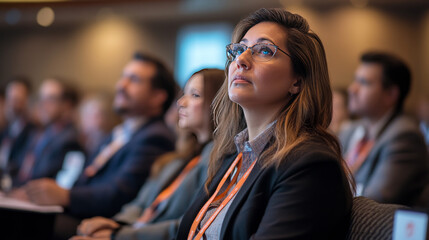 An engaged audience attentively listens as industry experts discuss global trends at an international business conference, creating a focused and professional atmosphere
