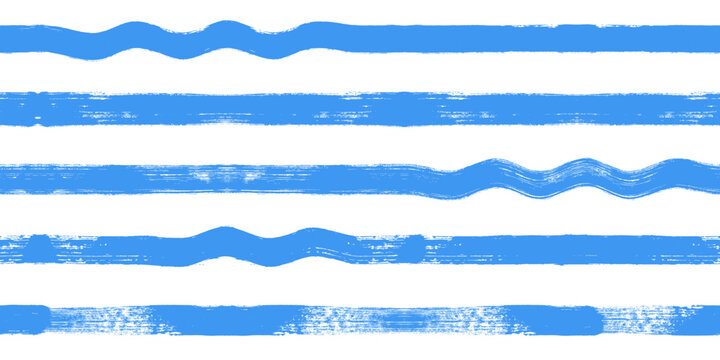 Wave stripes seamless pattern. Hand drawn wavy beach vector print, grunge paint lines with waves, blue watercolor background
