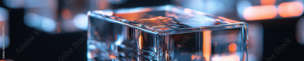 Poster illuminated transparent cube with blurred background