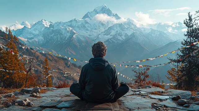 Sherpa elder meditating in front of a sacred chorten stupa surrounded by prayer flags fluttering in the cold mountain breeze with the Himalayas stretching into the distance captured with prime lens