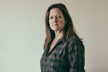 Confident middle aged woman in casual plaid shirt, showcasing resilience and strength, standing against a neutral background in a serene setting