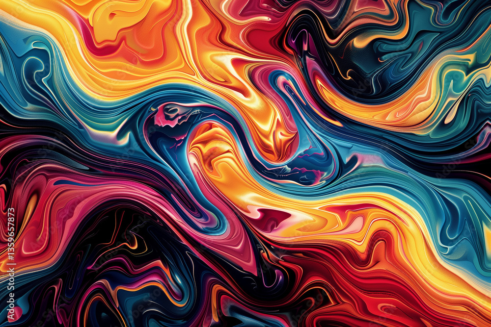 Fototapete A dynamic and colorful digital artwork featuring swirling patterns and fluid shapes, ideal for a visually striking computer wallpaper.