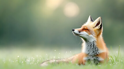 Fototapeta premium A serene red fox enjoys the peacefulness of nature, basking in the warmth of the sun. Ideal for wildlife photography, nature-themed branding, and environmental campaigns. Selective focus