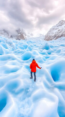 Person hiking glacier, Patagonia mountains background, travel adventure