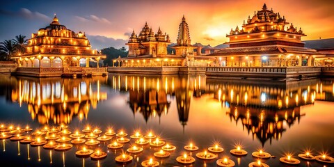 Fototapeta premium Diwali Temple Reflection - Illuminated Diyas