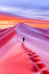 Person hiking pink sand dune sunset landscape, travel background