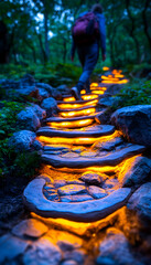 Person hiking illuminated stone steps in forest at dusk