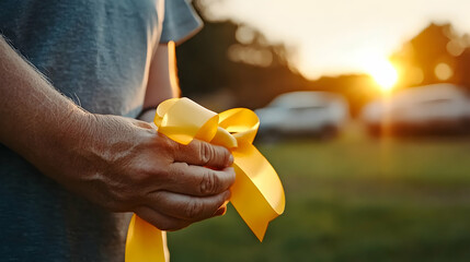 Person holding yellow ribbon, sunset, park, support