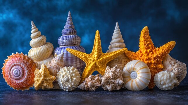 Seashells and starfish display.  Colorful collection of various seashells and a bright orange starfish on a dark background