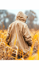 Person in tan jacket walks through tall autumn grass