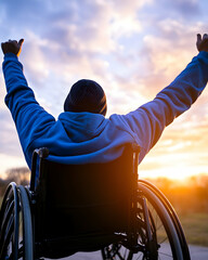 Person in Wheelchair, Sunset, Joyful Pose