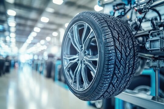 A close-up of a winter tire with metal studs on a modern alloy wheel in a factory, showcasing automotive engineering and tire manufacturing process.