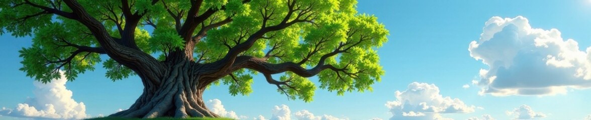 Fototapeta premium Ancient oak crown, skyward branches, summer leaves, fluffy clouds , beauty, background, natural