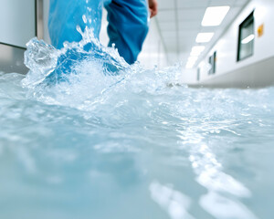 Person wading through flooded cleanroom corridor