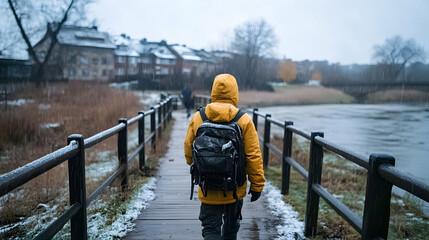Person walking bridge, winter village, river background, travel