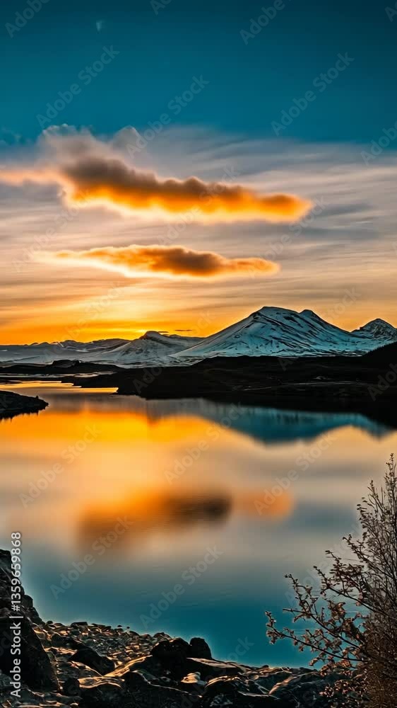 Poster sunset reflects on tranquil lake with snow-capped mountains in the background at a serene location