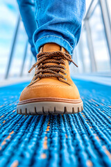 Person walking on blue airport moving walkway