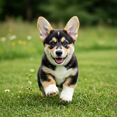 Adorable Corgi Puppy Running on Grass &ndash; Playful Expression & Big Ears